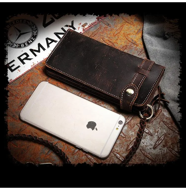 Coffee Leather Mens Bifold Long Biker Wallets Biker Chain Wallet Long Trucker Wallet for Men