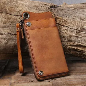 Handmade Leather Long Wallet with Chain Trifold Purse Anniversary Gift For Women Large Capcity Multi Cards Money Clips