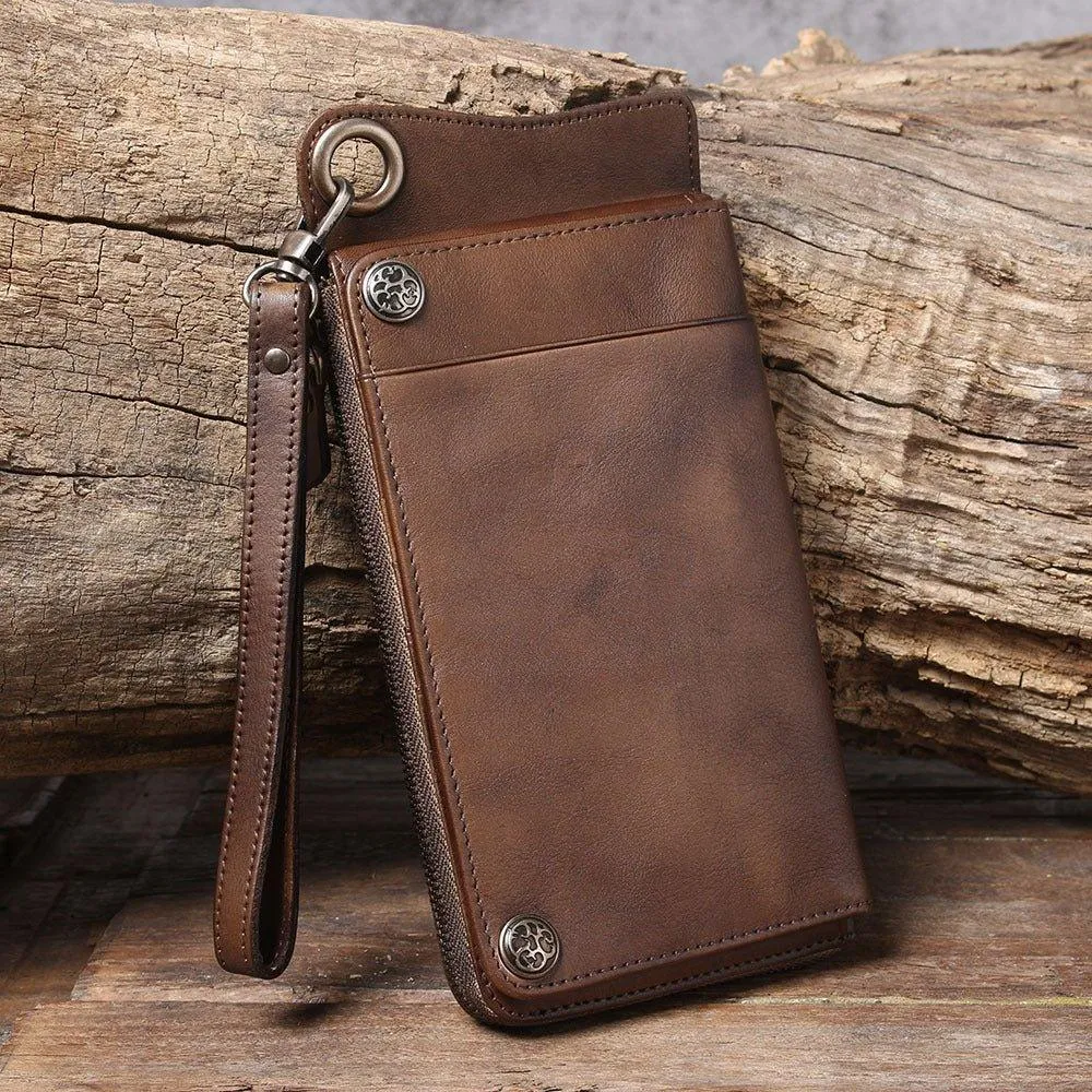 Handmade Leather Long Wallet with Chain Trifold Purse Anniversary Gift For Women Large Capcity Multi Cards Money Clips