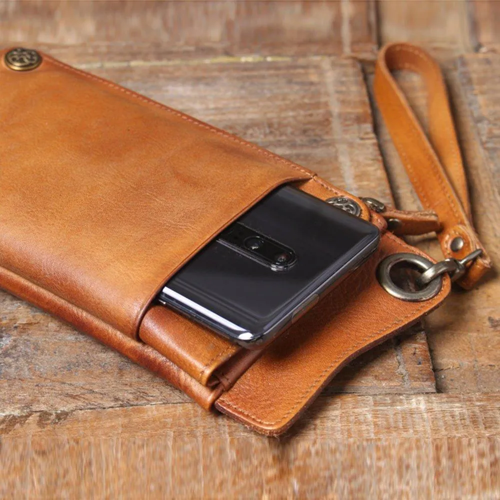 Handmade Leather Long Wallet with Chain Trifold Purse Anniversary Gift For Women Large Capcity Multi Cards Money Clips